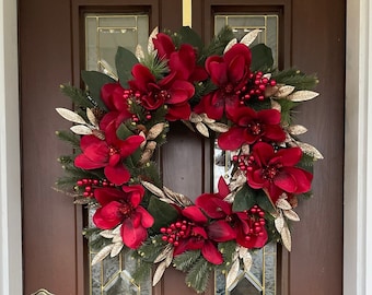Red and Gold Christmas Wreath for Front Door, Large Elegant Holiday Wreath, Burgundy  Magnolia Wreath, Winter Decor, New Year's Eve Wreath
