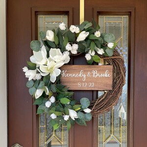 Wedding Wreath for Front Door, Personalized Bridal Shower Gift, Wedding Wreath with Sign, Anniversary Gift, Floral Wedding Decor