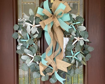 Coastal Wreath for Front Door,  Teal and White Nautical Wreath, Indoor Beach Theme Wreath, Summer Wreath, Starfish Wreath, Ocean Theme Decor