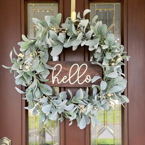 Year Round Wreath for Front Door, Spring Summer Farmhouse Wreath with Hello Sign, Large Neutral Everyday Wreath, Lamb’s Ear Wreath, Gift
