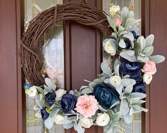 Blue and White Wreath, Large Year Round Wreath for Front Door, Elegant Spring Summer Wreath, Ranunculus and Rose Wreath, Lamb’s Ear Wreath