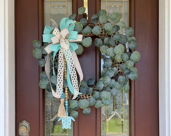 Sea Turtle Wreath, Beach Wreath for Front Door, Teal and White Nautical Wreath, Summer Wreath, Ocean Theme Decor, Gift for New Condo Owner