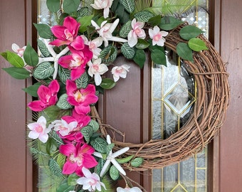 Beach Wreath for Front Door, Large Coastal Wreath, Starfish Wreath, Tropical Wreath, Colorful Hawaiian Wreath, Pink and White Orchid Wreath