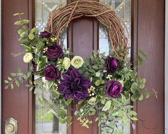 Purple Wreath for Front Door, Dahlia Wreath, Plum Ranunculus Wreath, Elegant Indoor Wreath, Gift for Mom, Green Farmhouse Wreath