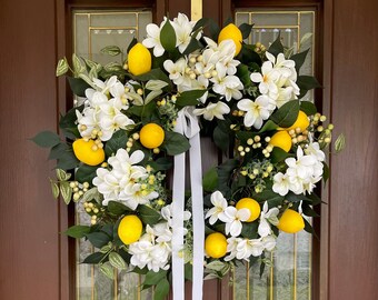 Spring Lemon Wreath, Yellow and White Wreath for Front Door, Citrus Wreath, Summer Fruit Wreath, Indoor Kitchen Wreath, Mother’s Day Gift