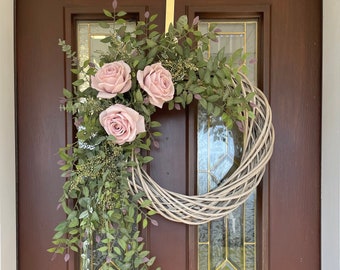Large Spring Wreath, Pink Rose Wreath for Front Door, Cascading Greenery Wreath, Elegant Rattan Wicker Wreath, Gift for Mom, Housewarming