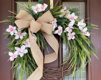 Sawgrass Wreath, Pink and White Wreath for Front Door, Cascading Greenery Wreath, Spring Wreath, Summer Wreath, Gift for Mom, Housewarming