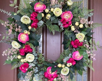 Pink Wreath, Large Spring Summer Ranunculus Wreath, Elegant Cottage Wreath for Front Door, English Garden Wreath, Gift for Mom Housewarming