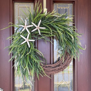 Beach Wreath for Front Door, Starfish Wreath, Coastal Decor, Neutral Year Round Ocean Wreath,  Cascading Greenery Wreath, Sawgrass Wreath