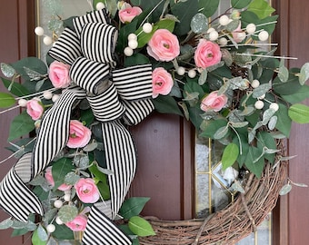 Pink Wreath for Front Door, Valentine’s Day Gift, Ranunculus Wreath, Spring Floral Wreath, Modern Farmhouse Wreath, Wreath with Striped Bow