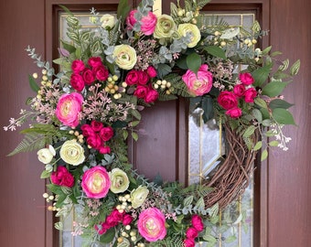Pink Wreath, Large Spring Ranunculus Wreath, Elegant Year Round Wreath, Gift for Mom, Cottage Decor, Wild Rose Summer Wreath for Front Door