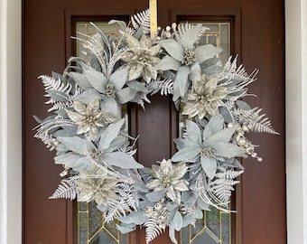 Winter Wreath for Front Door, Sea Blue Poinsettia Wreath, Elegant Holiday Decor, Large Glam Indoor Wreath, Frosted Silver Christmas Wreath