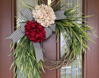 Sawgrass Wreath, Red and Beige Hydrangea Wreath for Front Door, Cascading Greenery Wreath, Neutral Spring Wreath, Rustic Everyday Wreath