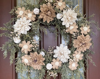 Neutral Spring Wreath, Year Round Front Door Wreath, Rustic Farmhouse Wreath, Wreath with Beige and Cream Burlap Flowers and Earthy Greens