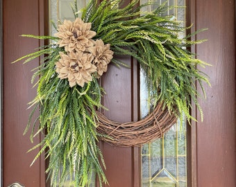 Year Round Wreath for Front Door, Cascading Greenery Wreath, Neutral Spring Wreath, Sawgrass Wreath with Burlap, Rustic Everyday Wreath