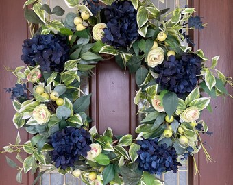 Large Blue Wreath for Front Door, Everyday Hydrangea Wreath, Elegant Navy Blue Wreath, Ranunculus Wreath, Modern Farmhouse Decor