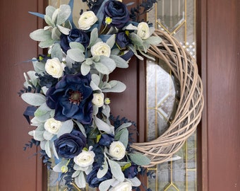 Blue and White Wreath, Large Year Round Wreath, Elegant Spring Summer Wreath, Magnolia and Ranunculus Wreath, Indoor Wicker Willow Wreath