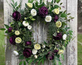 Wispy Purple Wreath for Front Door, Airy Plum and White Ranunculus Wreath, Elegant Wreath, Housewarming, Wedding Gift, Spring Summer Wreath