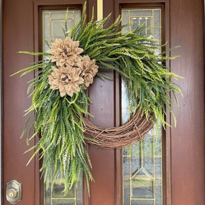 Year Round Wreath for Front Door, Cascading Greenery Wreath, Neutral Spring Wreath, Sawgrass Wreath with Burlap, Rustic Everyday Wreath