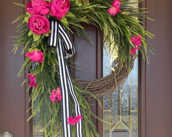 Hot Pink Peony Wreath, Sawgrass Wreath, Cascading Greenery Wreath, Large Spring and Summer Wreath, Modern Luxury Wreath, Gift for Mom