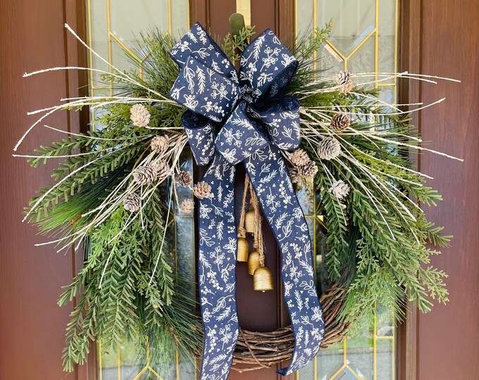 Navy Blue Winter Wreath for Front Door, Christmas Wreath With Bells ...
