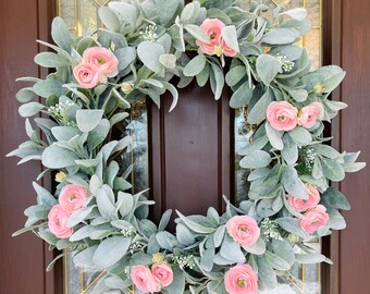 Pink Floral Wreath for Front Door, Lamb’s Ear and Ranunculus Wreath, Romantic Wedding Wreath, Spring and Summer Farmhouse Wreath