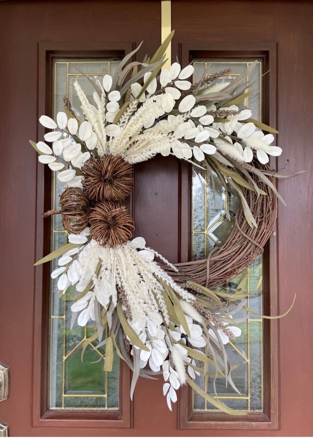 Neutral Beige Fall Wreath for Front Door, Boho Pampas Grass Wreath