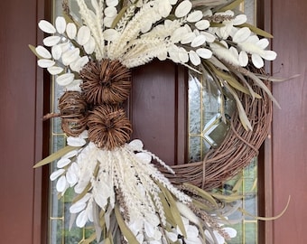 Neutral Beige Fall Wreath for Front Door, Boho Pampas Grass Wreath, Large Rustic Modern Wreath, Elegant Thanksgiving Pumpkin Wreath