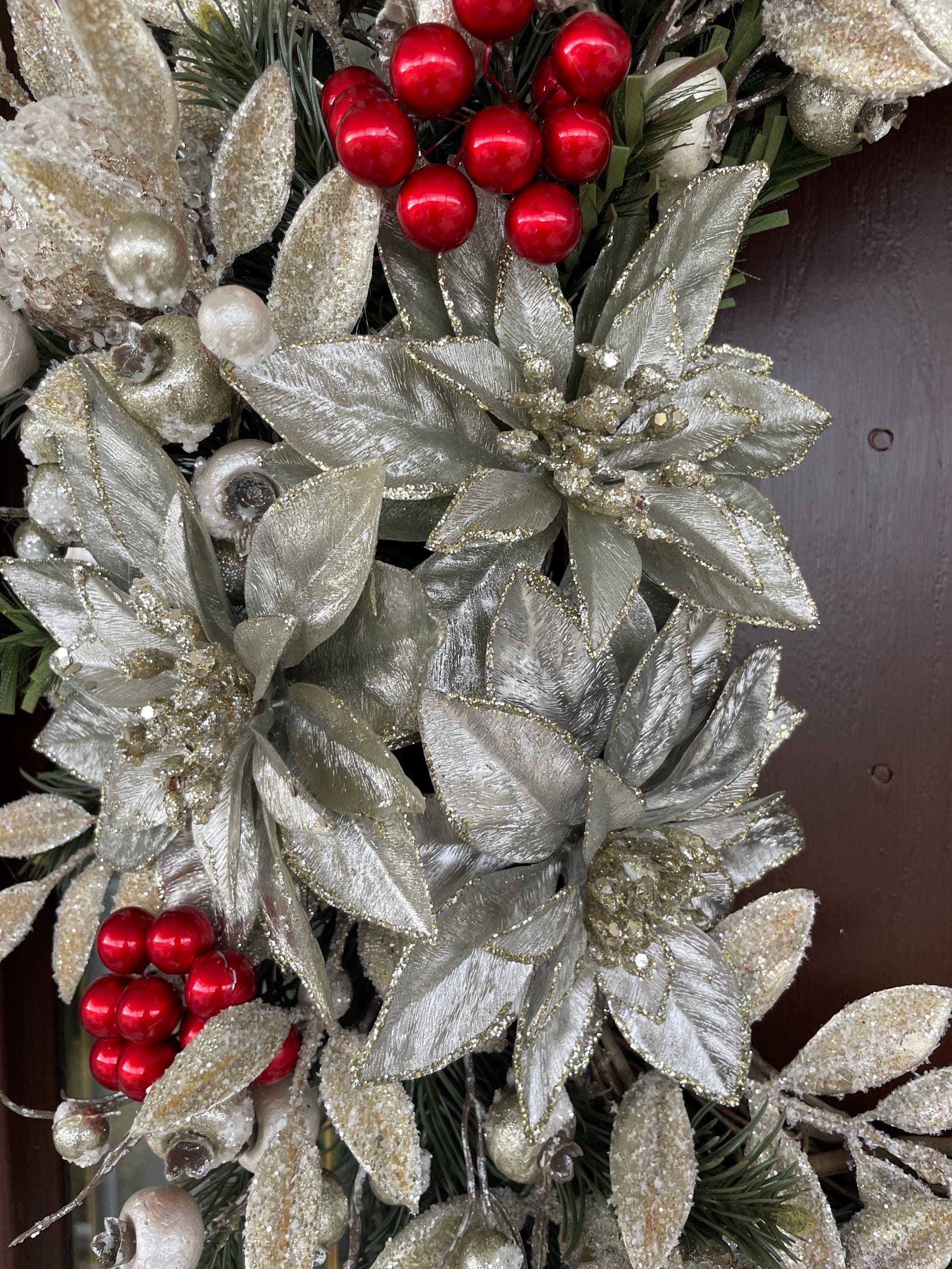 Elegant Silver and Gold Winter Wreath, Poinsettia Wreath With Red Holly ...