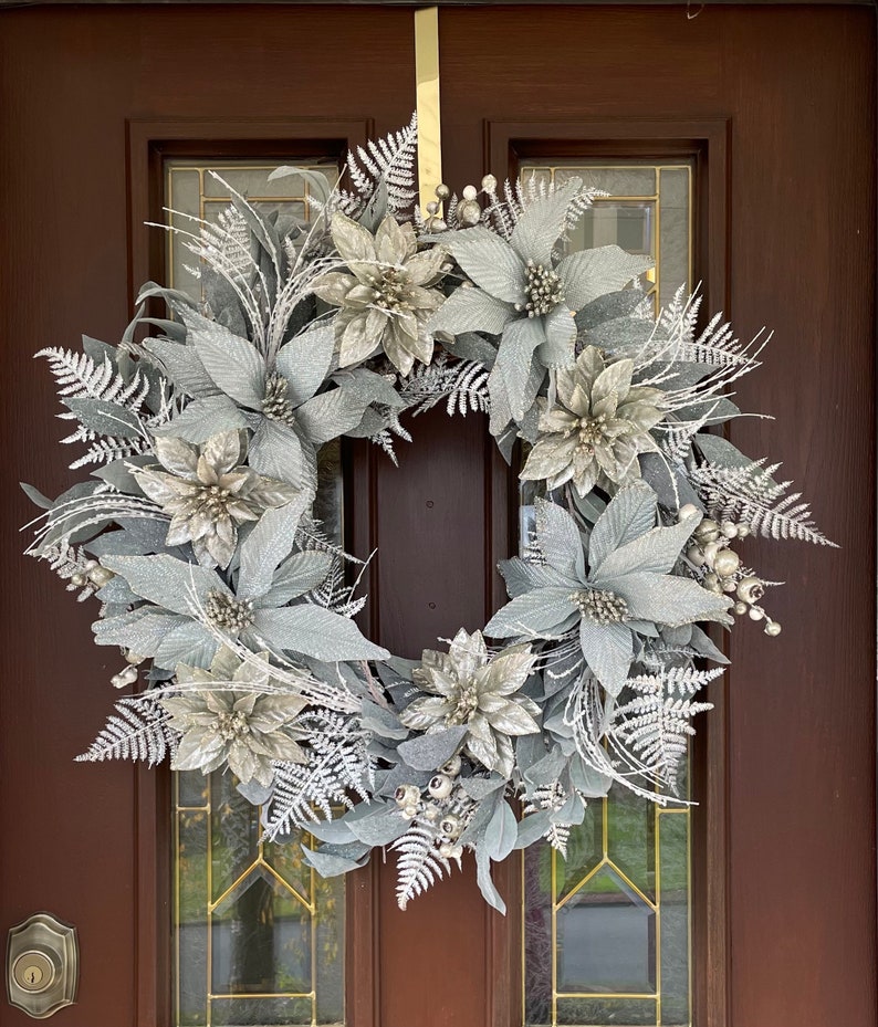 Winter Wreath for Front Door, Sea Blue Poinsettia Wreath, Elegant ...