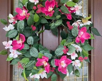 Tropical Wreath, Bright Summer Wreath, Colorful Hawaiian Wreath, Orchid Wreath, Pink and White Floral Wreath, Housewarming Gift