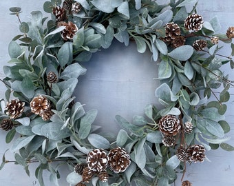 Winter Wreath for Front Door, Pine Cone Wreath, Neutral Lamb’s Ear Wreath, After Christmas Wreath, Farmhouse Wreath, Large Elegant Wreath