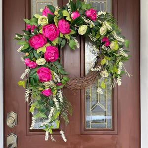 Bright Pink Spring Wreath for Front Door, Hot Pink Peony Wreath, Cascading Summer Wreath, Modern Luxury Wreath, Large Flowy Fushia Wreath