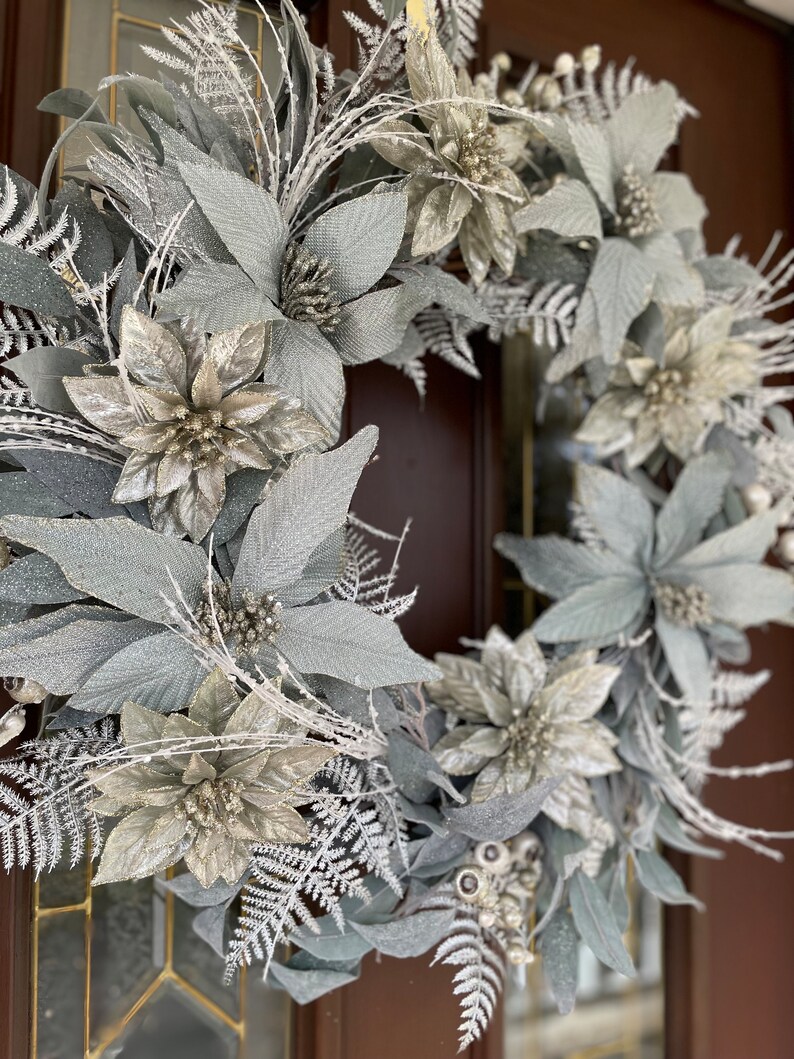 Winter Wreath for Front Door, Sea Blue Poinsettia Wreath, Elegant ...