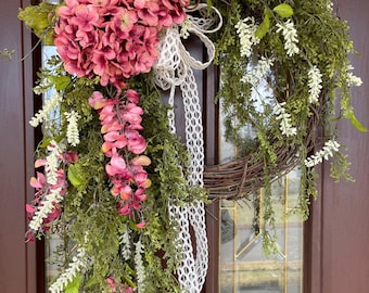 Rustic Greenery Wreath for Front Door, Cascading Rose Pink Hydrangea and Wisteria Wreath, Large Modern Spring Summer Wreath, Gift for Mom