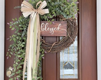 Spring Wreath for Front Door, Cascading Greenery Wreath, Year Round Wreath, Blessed Wreath, Welcome Wreath, Housewarming Gift, Gift for Mom