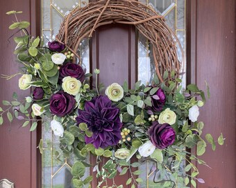 Purple and White Wreath for Front Door, Ranunculus Wreath, Elegant Indoor Wreath, Housewarming, Wedding Gift, Spring Summer Fall Wreath