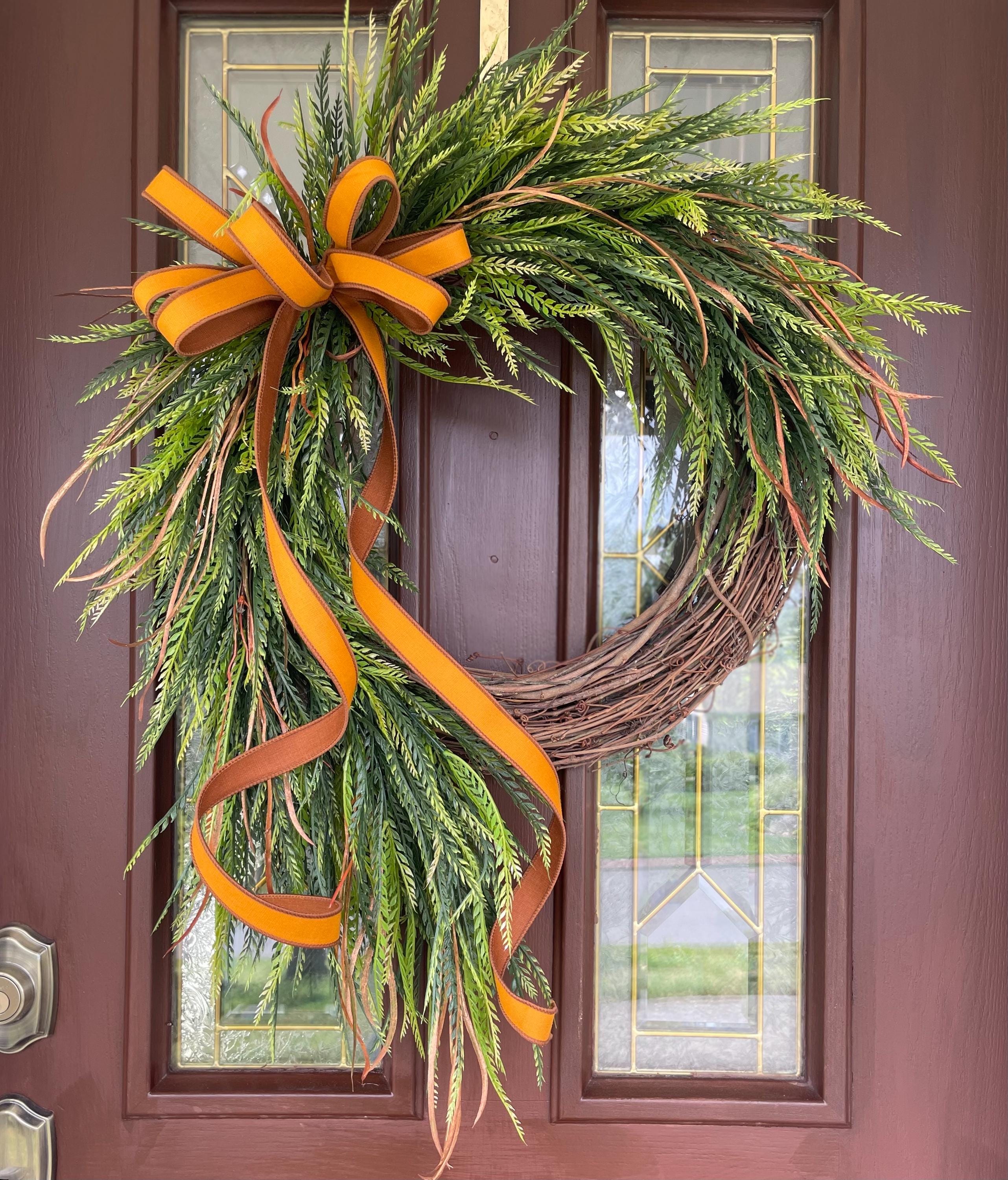Fall Saw Grass Wreath, Cascading Greenery Wreath, Neutral Autumn Wreath with Copper Bow, Rustic Everyday Wreath, Year Round Wreath, Gift