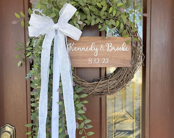 Wedding Wreath, Personalized Gift for Bride and Groom, Barn Wedding Decor, Bridal Shower Gift, Church Door Wreath, Cascading Greenery Wreath