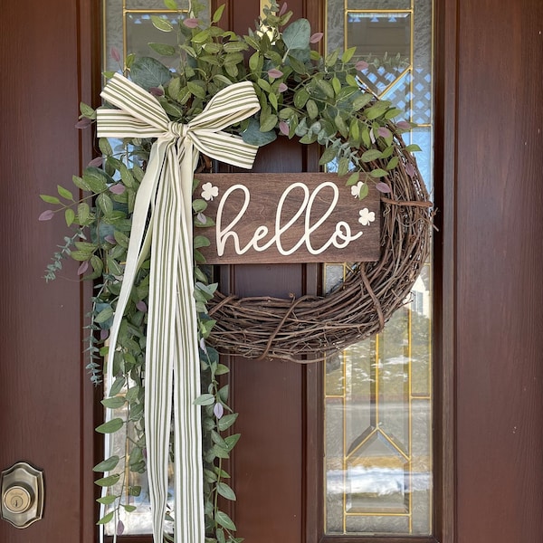 St. Patrick’s Day Wreath, Hello Spring Wreath for Front Door, Cascading Greenery Wreath, Eucalyptus Wreath, Irish St. Patty's Day Decor