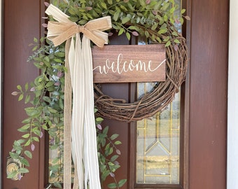 Spring Wreath, Welcome Wreath, Cascading Greenery Wreath, Year Round Wreath for Front Door, Everyday Wreath, Housewarming Gift, Gift for Mom