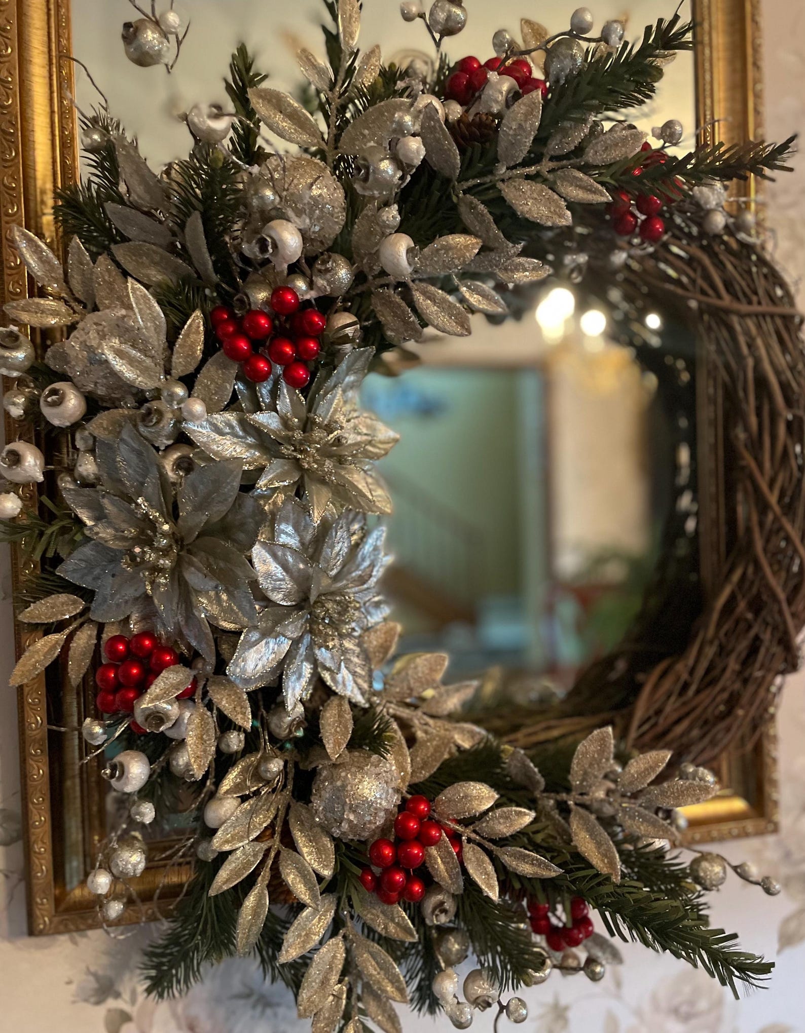 Elegant Silver and Gold Winter Wreath, Poinsettia Wreath With Red Holly ...
