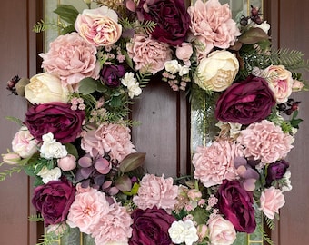 Mauve Pink and Cream Wreath for Front Door, Elegant Spring Summer Wreath,  Large Traditional Peony and Ranunculus Floral Wreath, Mom Gift