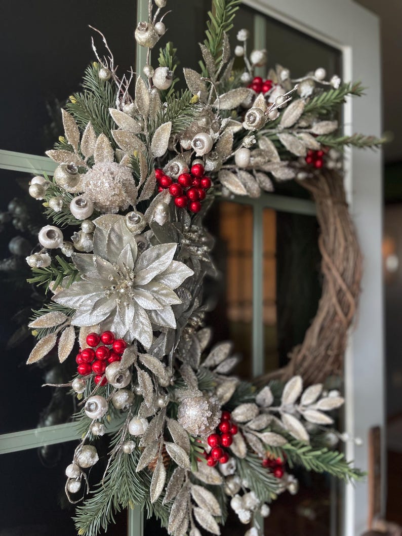 Elegant Silver and Gold Winter Wreath, Poinsettia Wreath With Red Holly ...