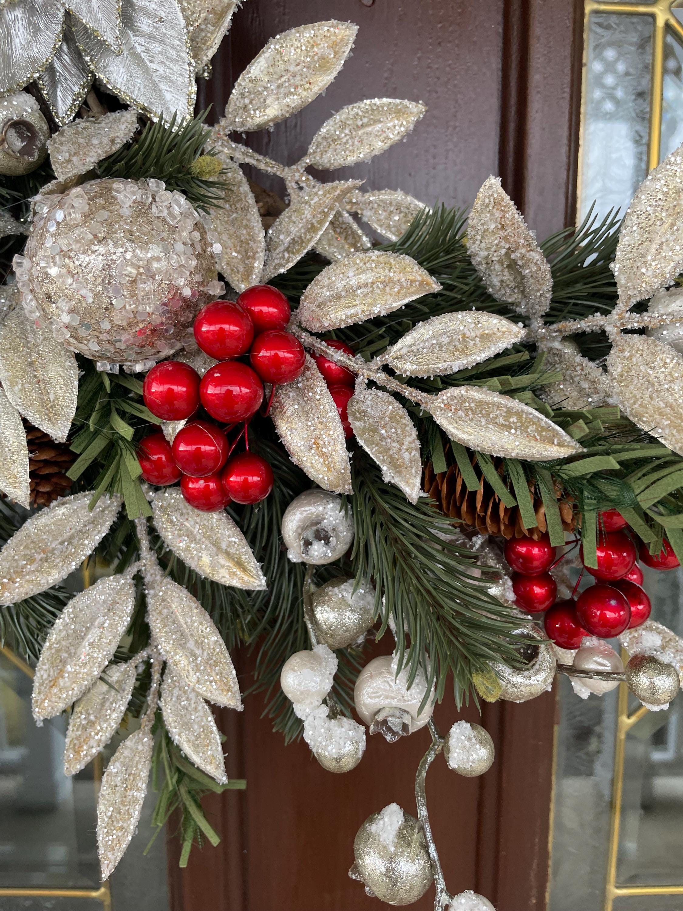 Elegant Silver and Gold Winter Wreath, Poinsettia Wreath With Red Holly ...