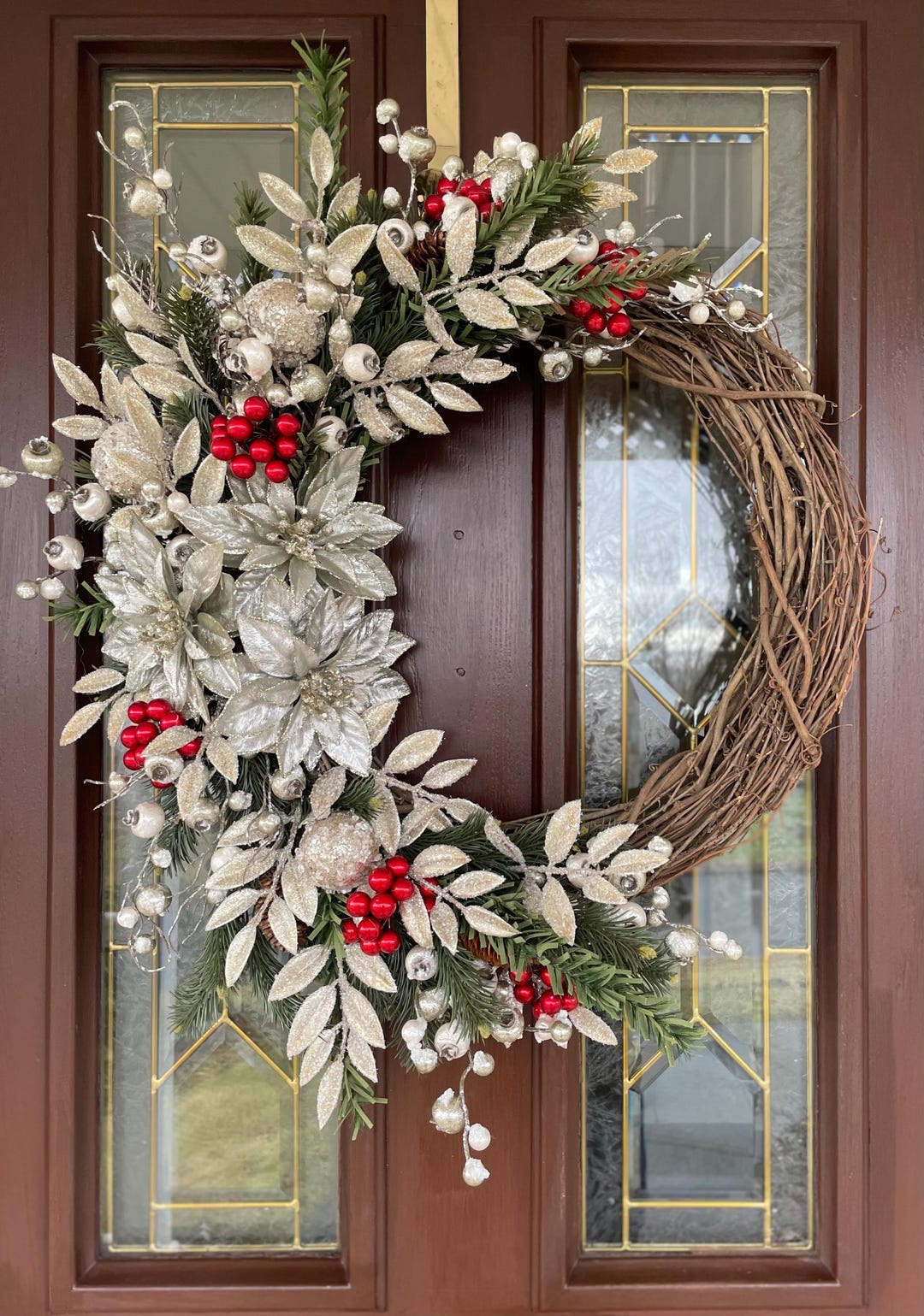 Elegant Silver and Gold Winter Wreath, Poinsettia Wreath With Red Holly ...