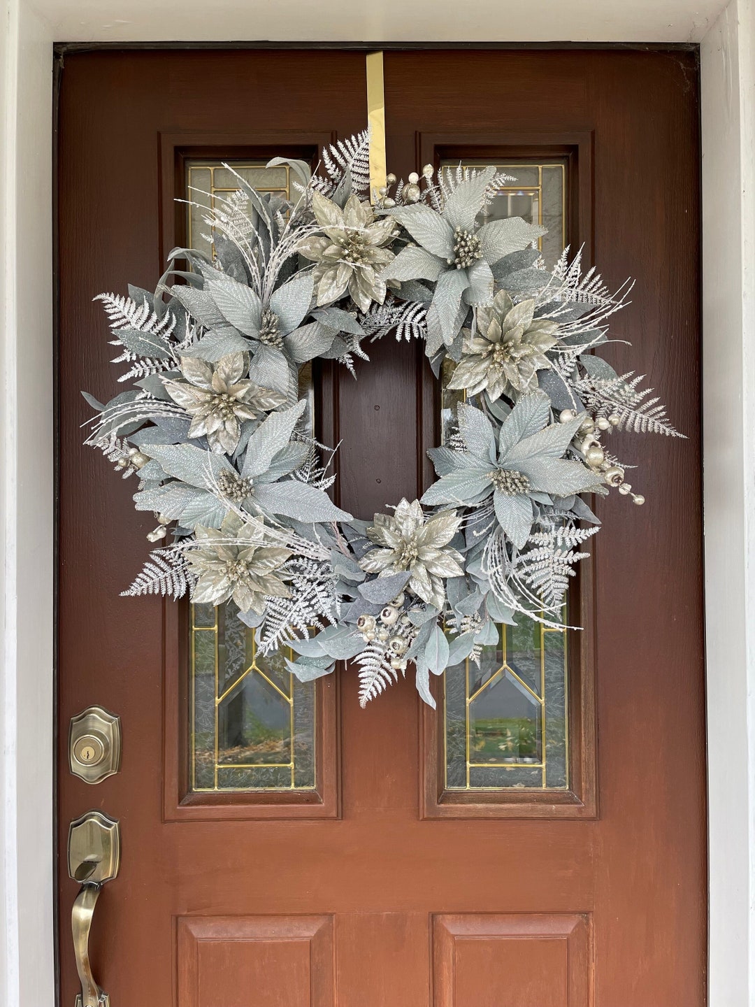 Winter Wreath for Front Door, Sea Blue Poinsettia Wreath, Elegant ...