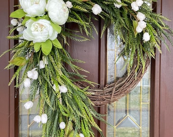 White Peony Wreath, Sawgrass Wreath, Cascading Greenery Wreath, Large Spring and Summer Wreath, Modern Luxury Wreath, Gift for Mom