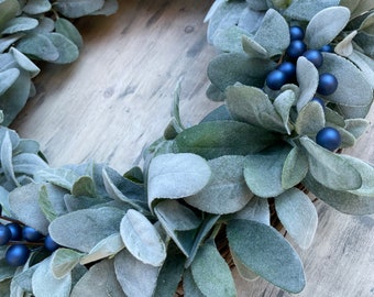 Everyday Lamb’s Ear Wreath with Blue Berries for Front Door, Winter Wreath, Elegant Farmhouse Wreath, January Decor, Farnhouse Wreath