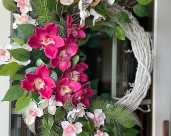 Tropical Wreath, Beach Wreath for Front Door, Large Coastal Wreath, Colorful Hawaiian Wreath, Pink Orchid Wreath, Housewarming Gift for Mom